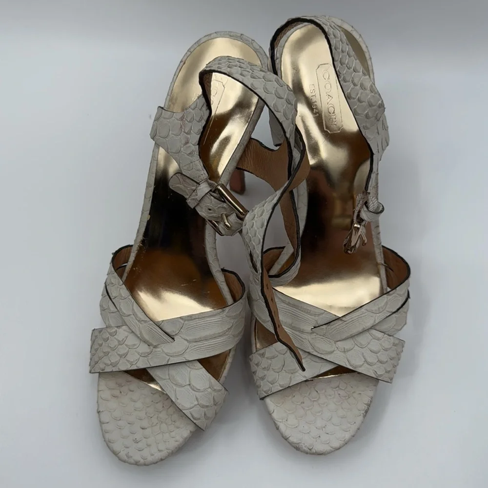 Coach Dani Size 9B White Cream Heels with Strappy Design Snakeskin Print